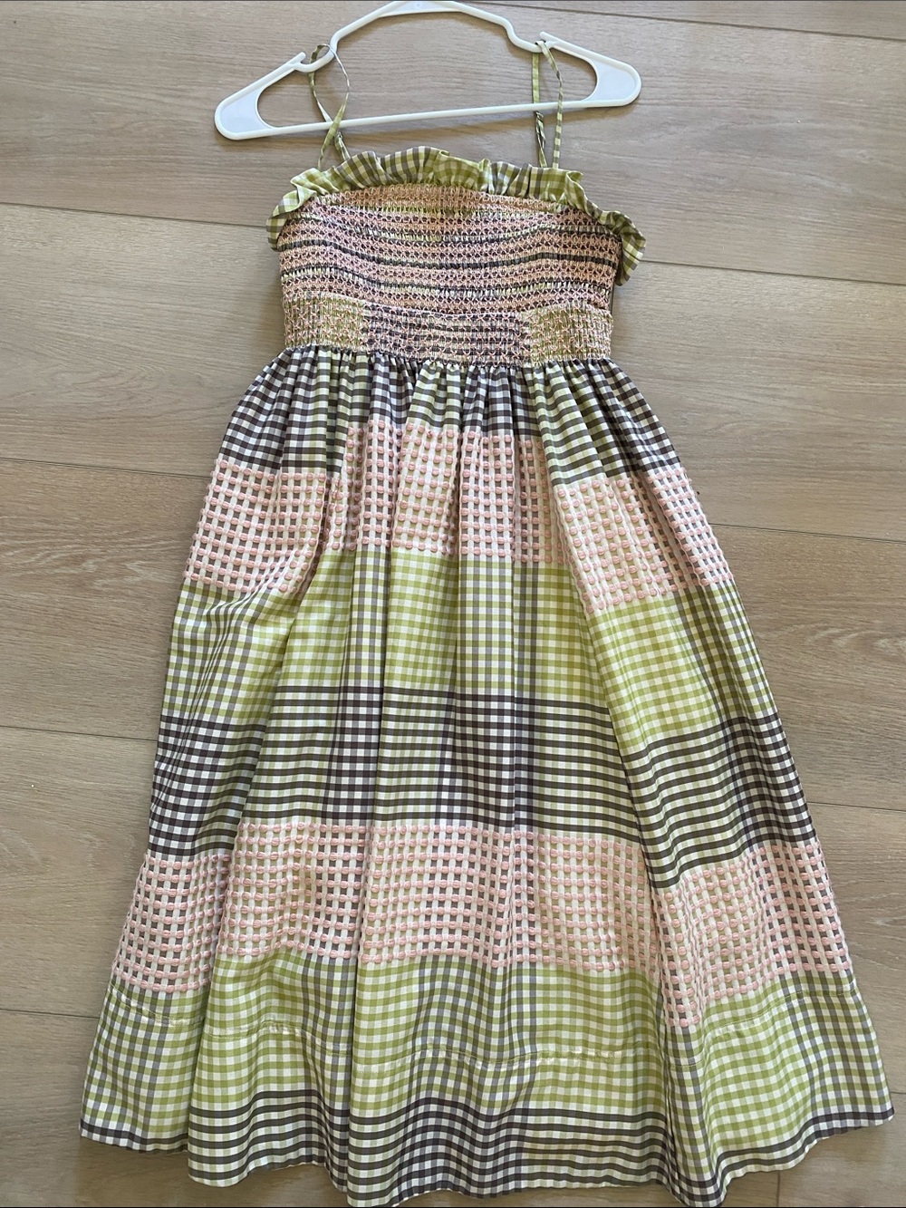 Maeve Gingham Smocked Midi Dress in Green, Pink & Brown